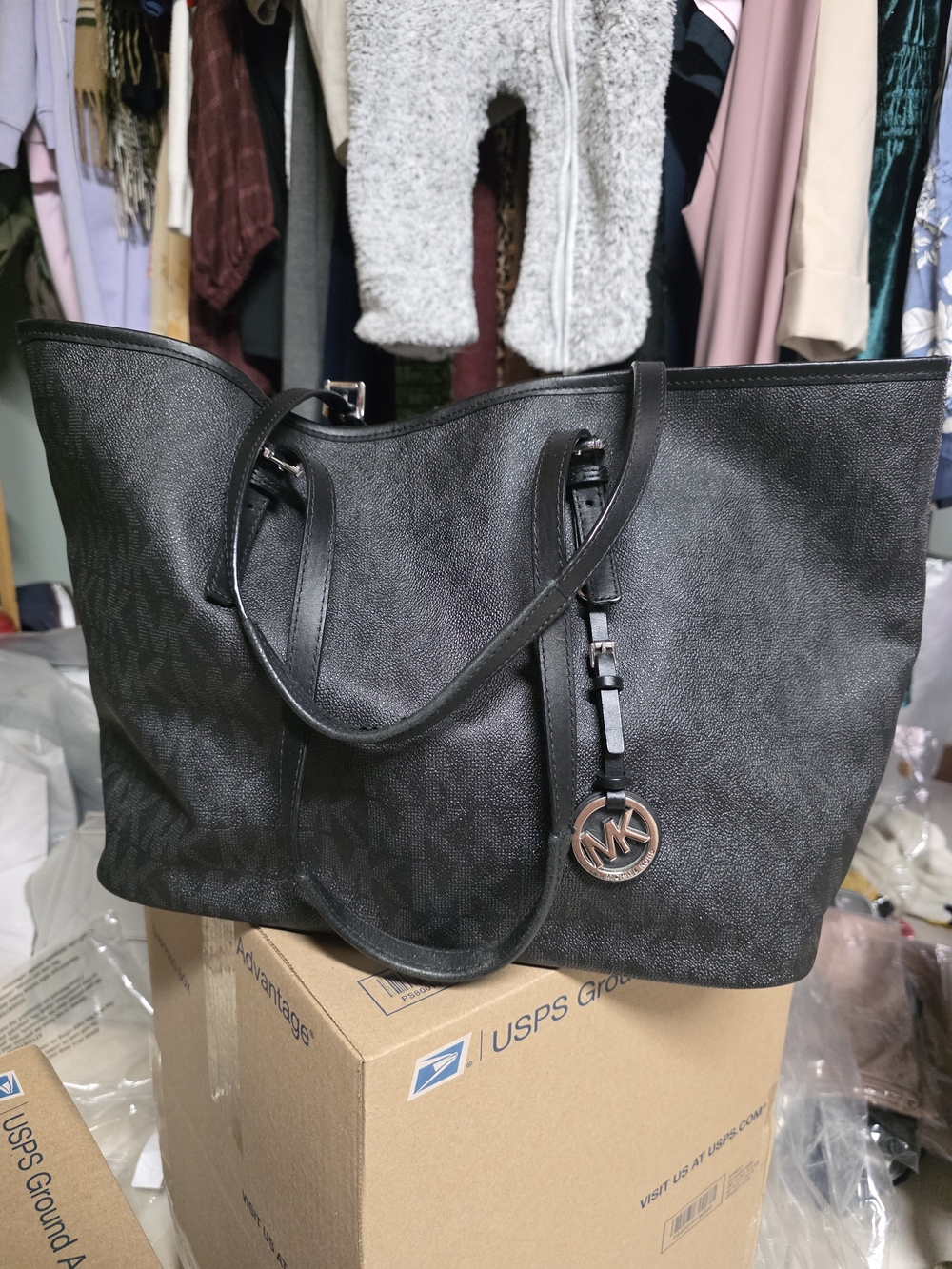 Michael Kors Black Logo Tote with MK Charm